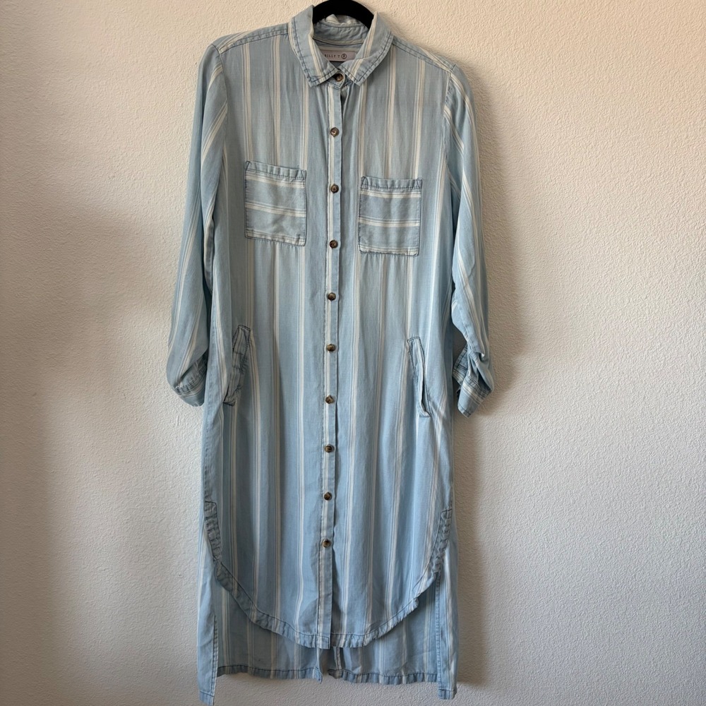 Billy T Shirt Dress Womens XS Blue White Striped Chambray Button Front Pockets